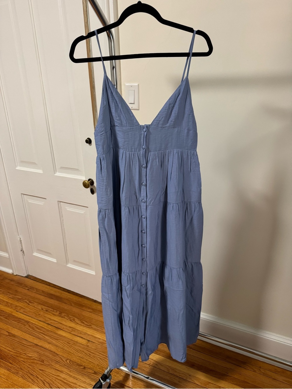 Spaghetti-Strap Light Blue Tiered Maxi Dress with Front Buttons